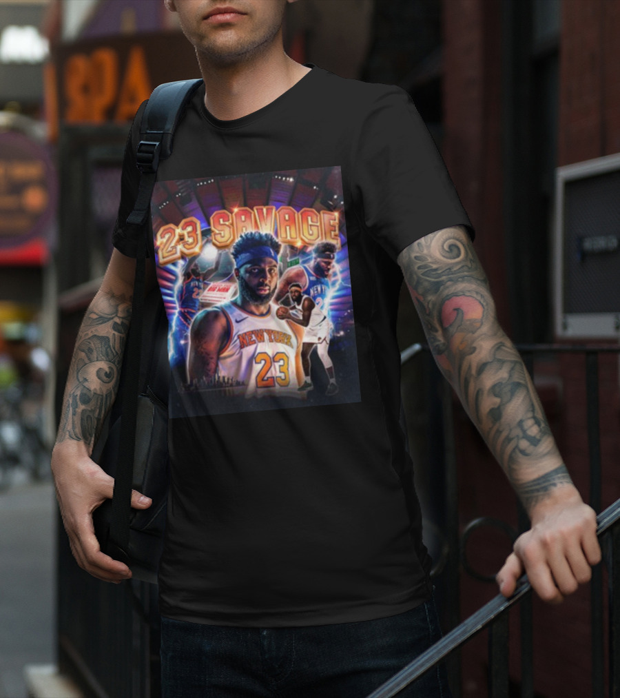 New York Knicks 23 Savage Mitchell Robinson Stadium Lightning Background T-Shirt