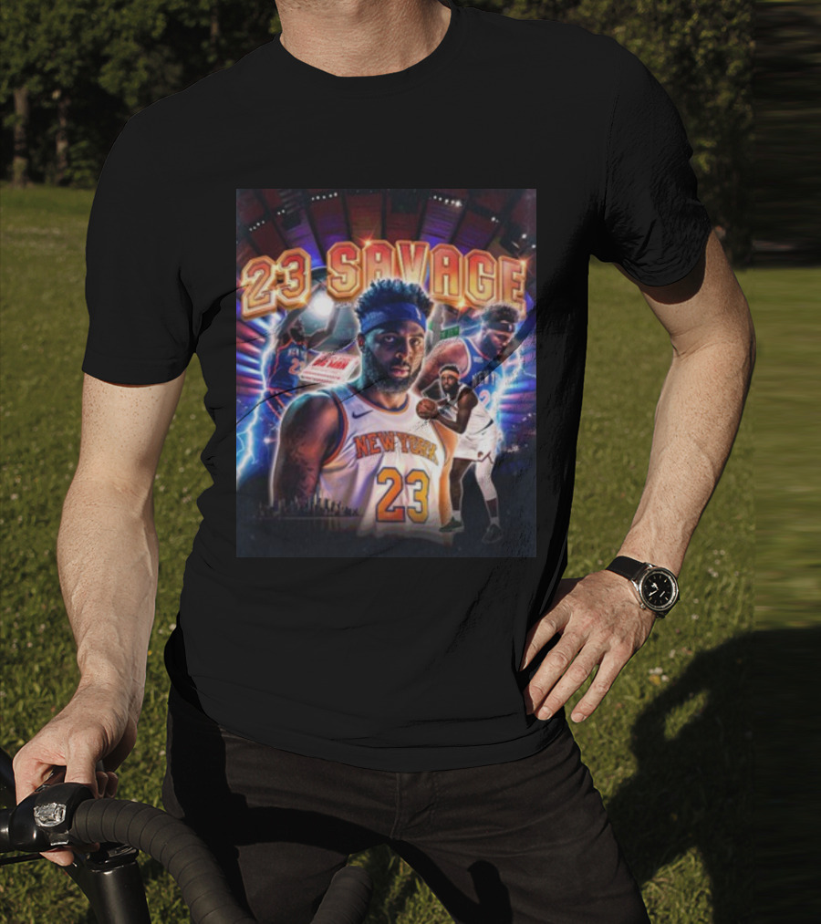 New York Knicks 23 Savage Mitchell Robinson Stadium Lightning Background T-Shirt
