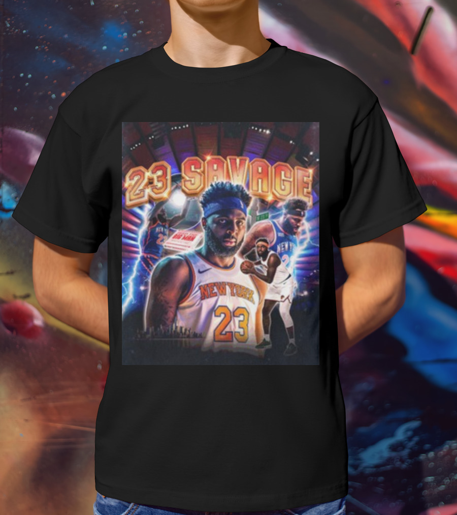 New York Knicks 23 Savage Mitchell Robinson Stadium Lightning Background T-Shirt