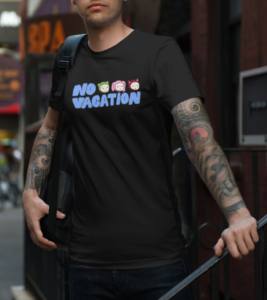 No Vacation Store Ivory No Vacation Text With Cartoon Faces T-Shirt