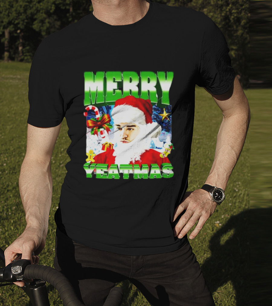 Memeabletees Merry Yeatmas Santa Claus Candy Canes And Snowflakes T-Shirt