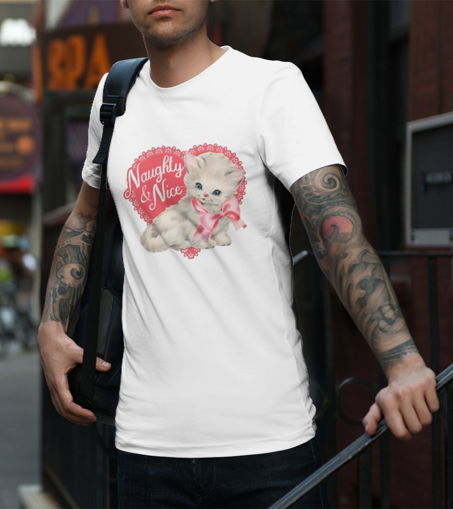 Nessa Barrett Store Naughty And Nice Kitten Heart Bow T-Shirt