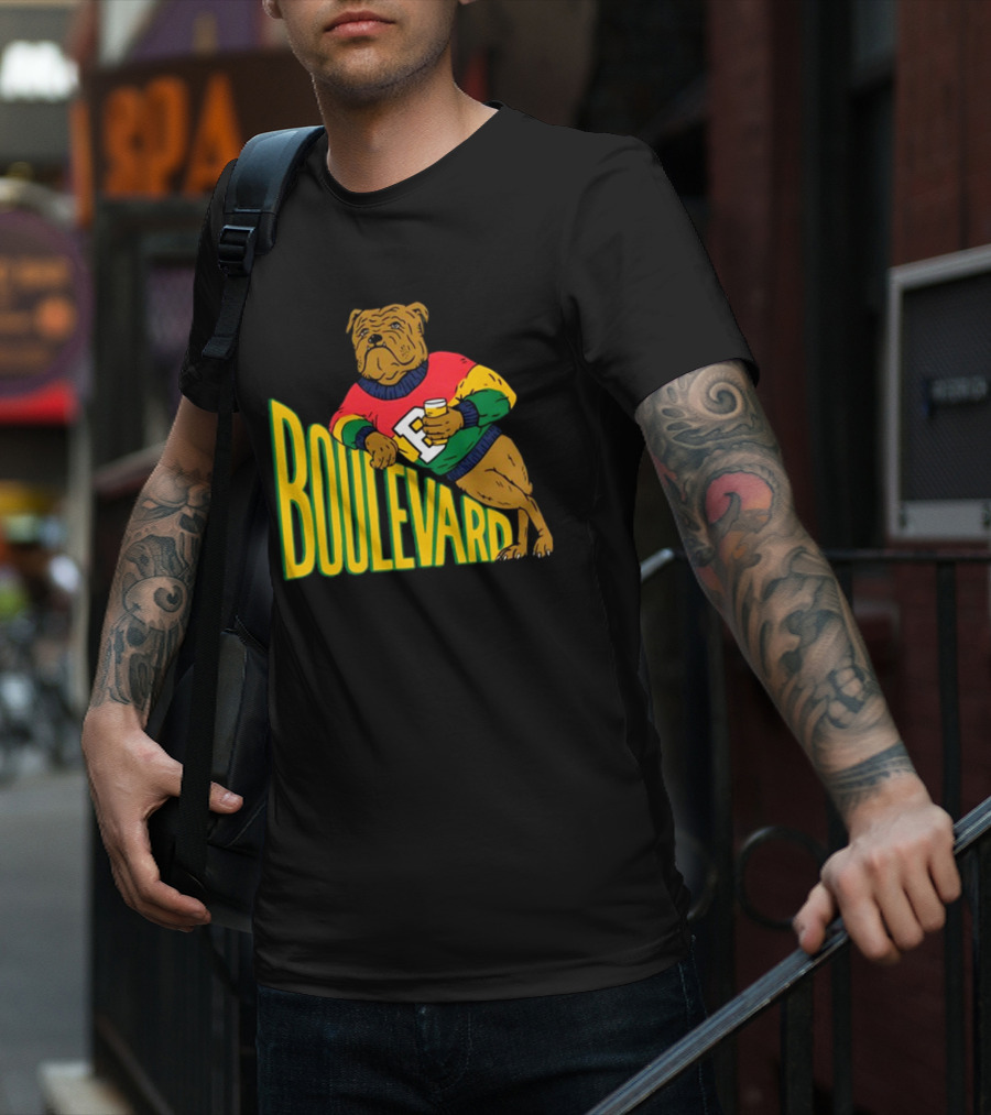 Boulevard Bully Dog In Colorful Sweater Holding Drink T-Shirt