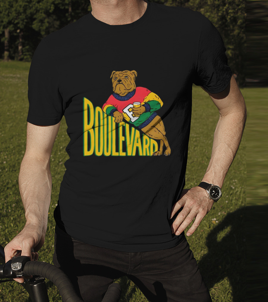 Boulevard Bully Dog In Colorful Sweater Holding Drink T-Shirt