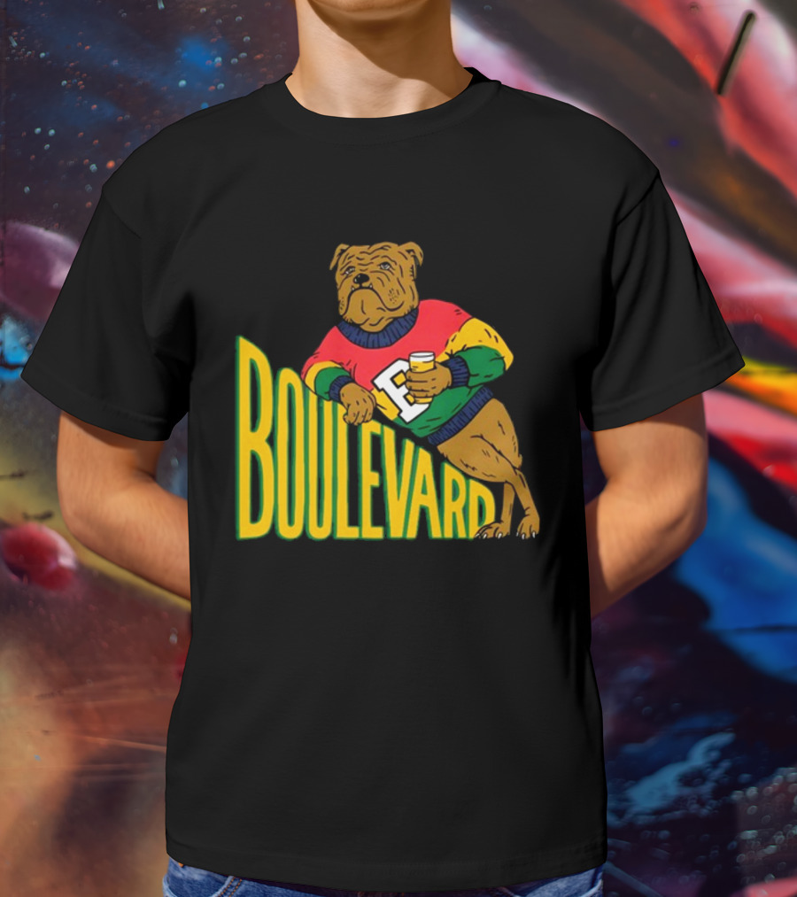 Boulevard Bully Dog In Colorful Sweater Holding Drink T-Shirt