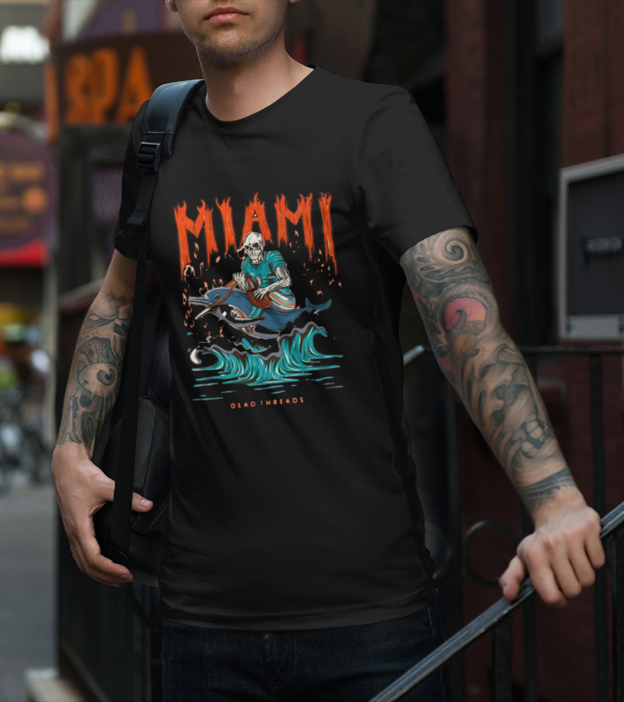 MIAMI Dead Threads Skeleton Surfer On Dolphin Football Adventure T-Shirt