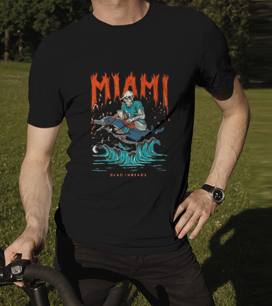 MIAMI Dead Threads Skeleton Surfer On Dolphin Football Adventure T-Shirt