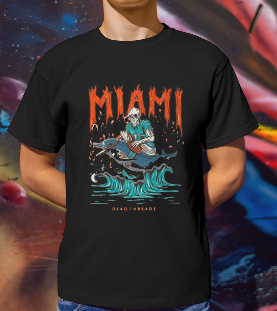 MIAMI Dead Threads Skeleton Surfer On Dolphin Football Adventure T-Shirt