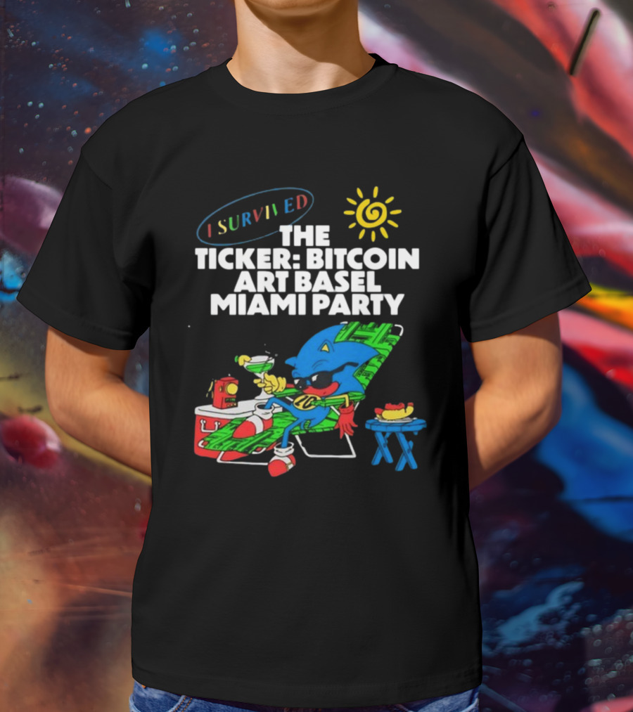 I Survived The Ticker Bitcoin Art Basel Miami Party Lounge Character Sun Cocktail T-Shirt
