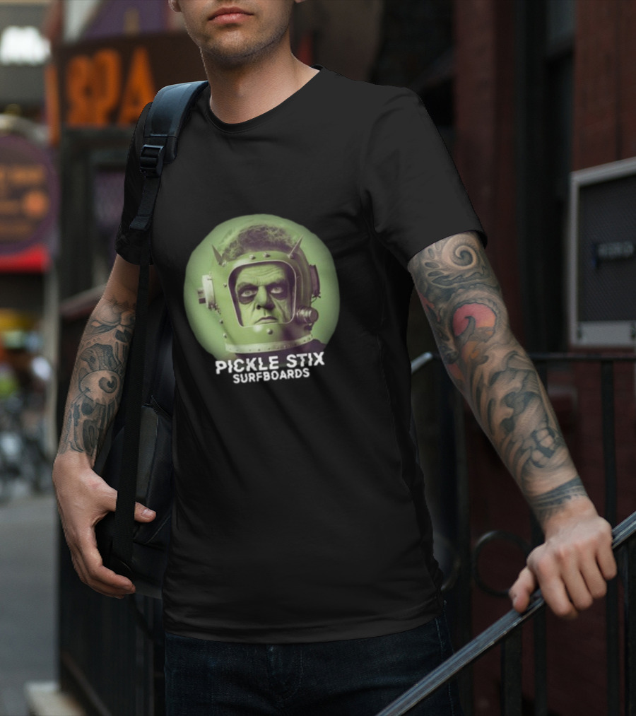 PICKLE STIX SURFBOARDS SPACEMAN HELMET GREEN BACKGROUND T-Shirt