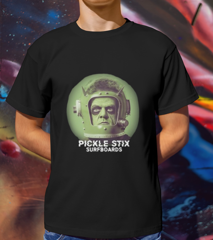 PICKLE STIX SURFBOARDS SPACEMAN HELMET GREEN BACKGROUND T-Shirt