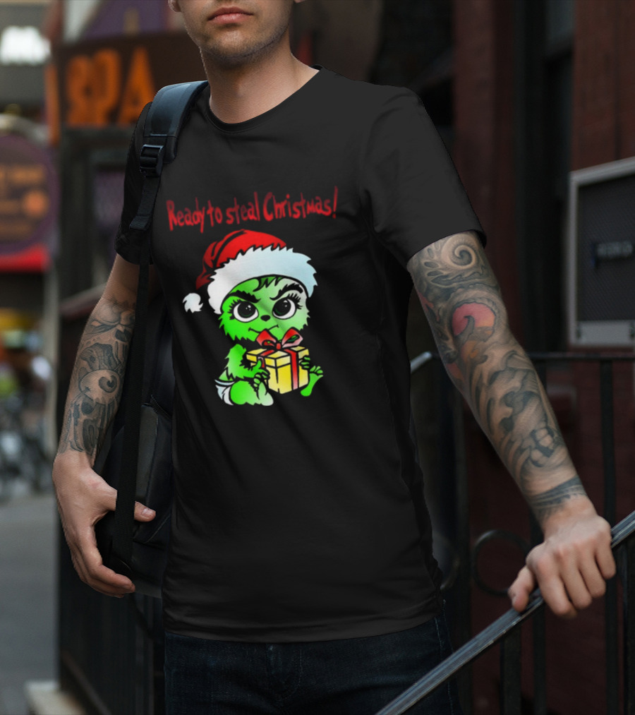 Cathygraphics3 Ready To Steal Christmas Green Santa Hat Gift T-Shirt