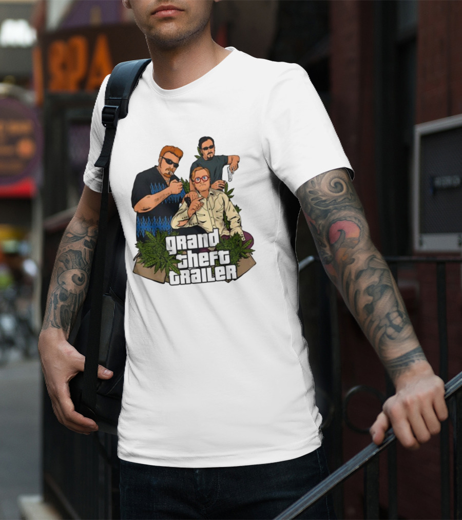 Grand Theft Trailer Cannabis Comedy Trio With Sunglasses And Pistol T-Shirt