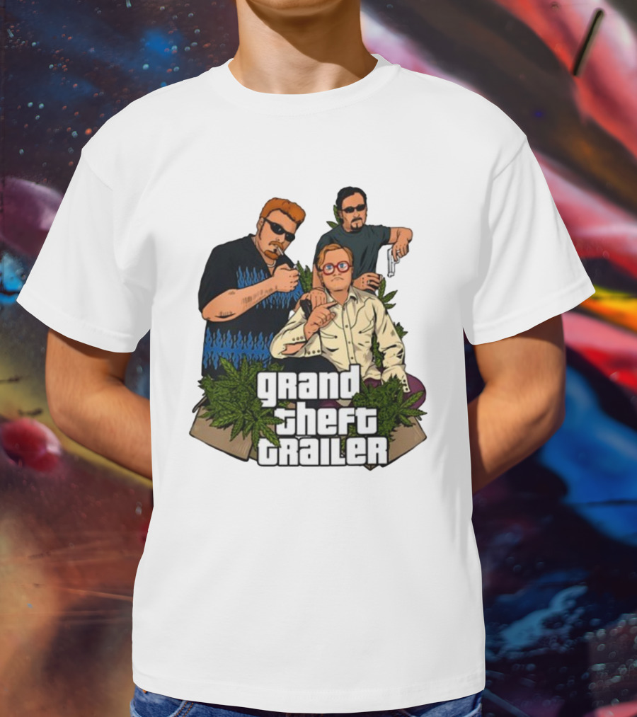 Grand Theft Trailer Cannabis Comedy Trio With Sunglasses And Pistol T-Shirt