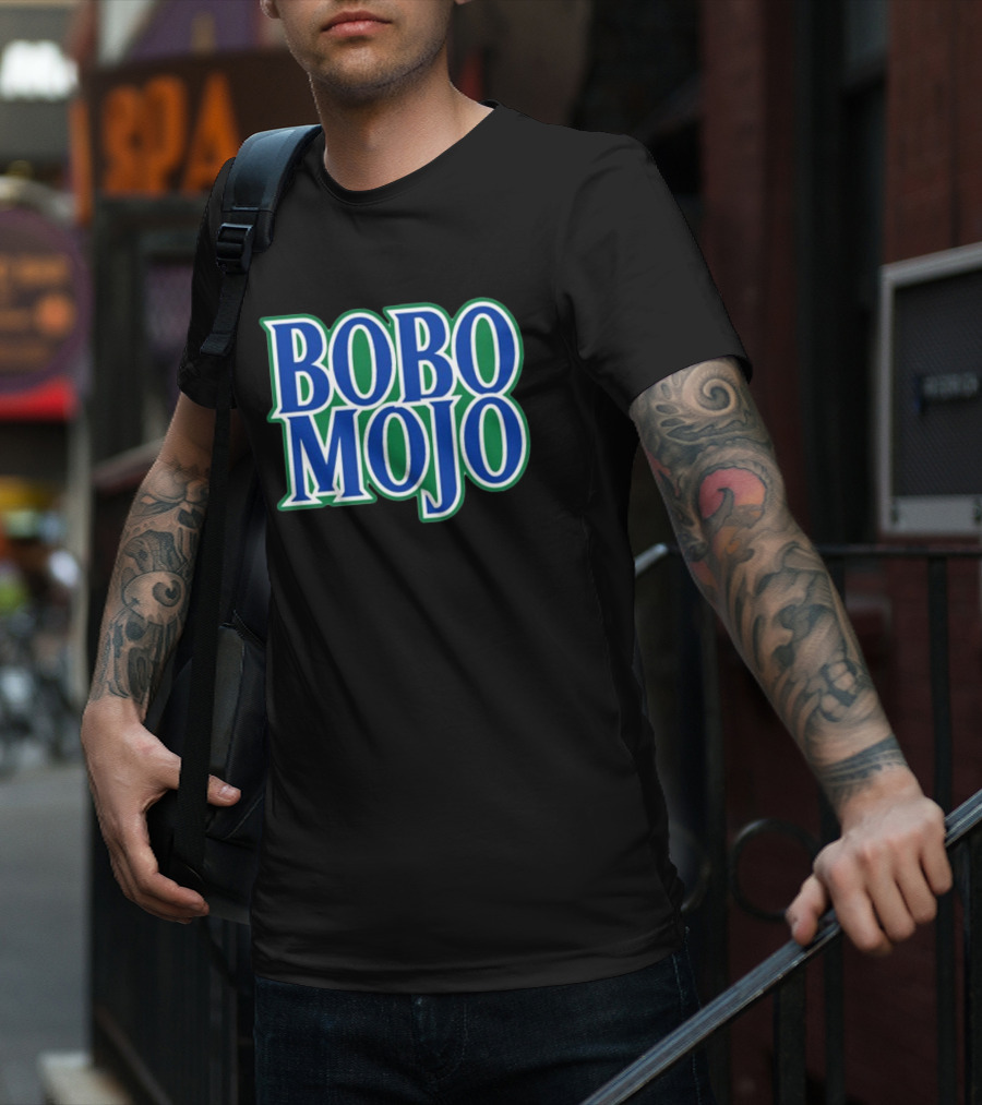 BOBO MOJO Retro Bold Blue And Green Text T-Shirt
