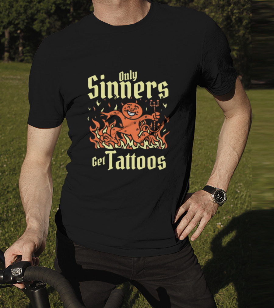 Gotfunny Only Sinners Get Tattoos Gingerbread Devil In Flames T-Shirt