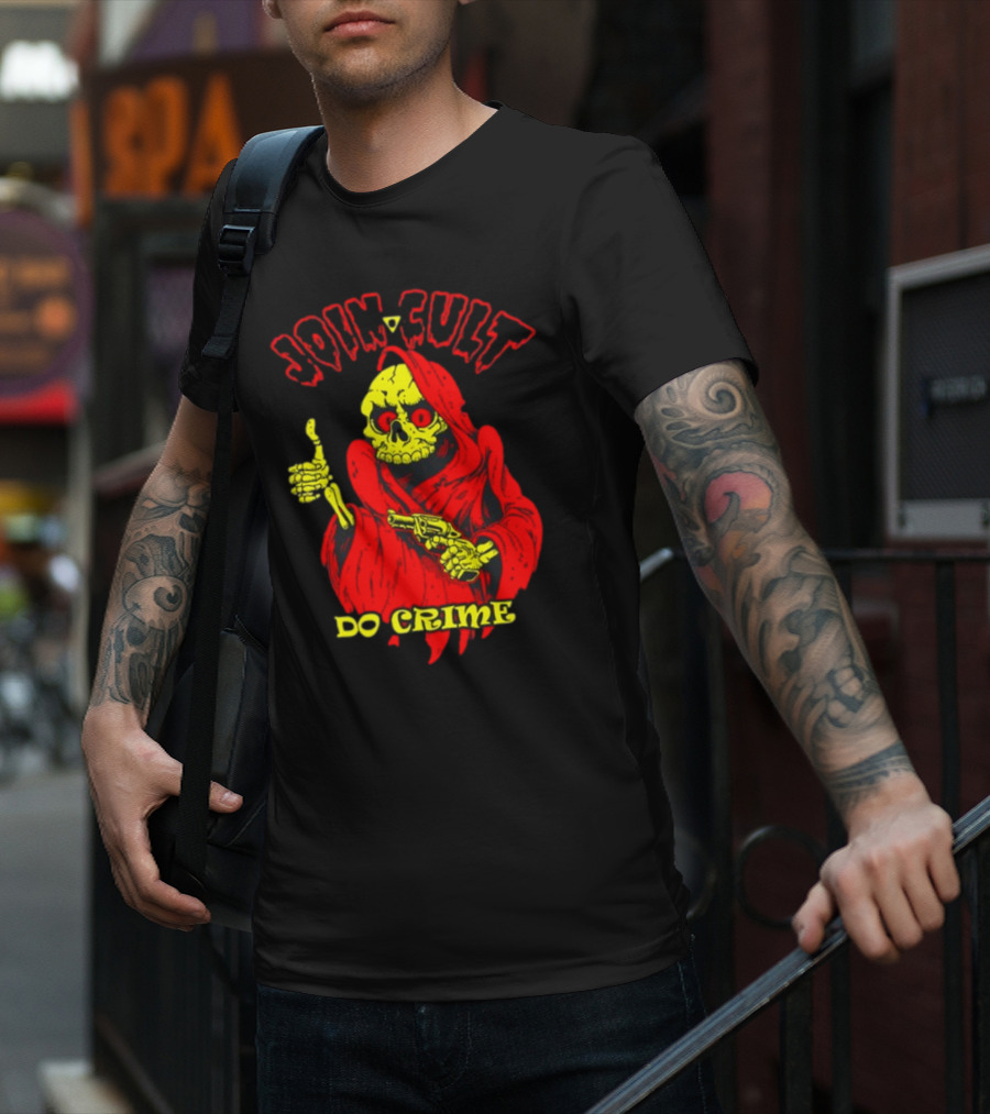 Join Cult Do Crime Grim Reaper Skeleton With Gun T-Shirt