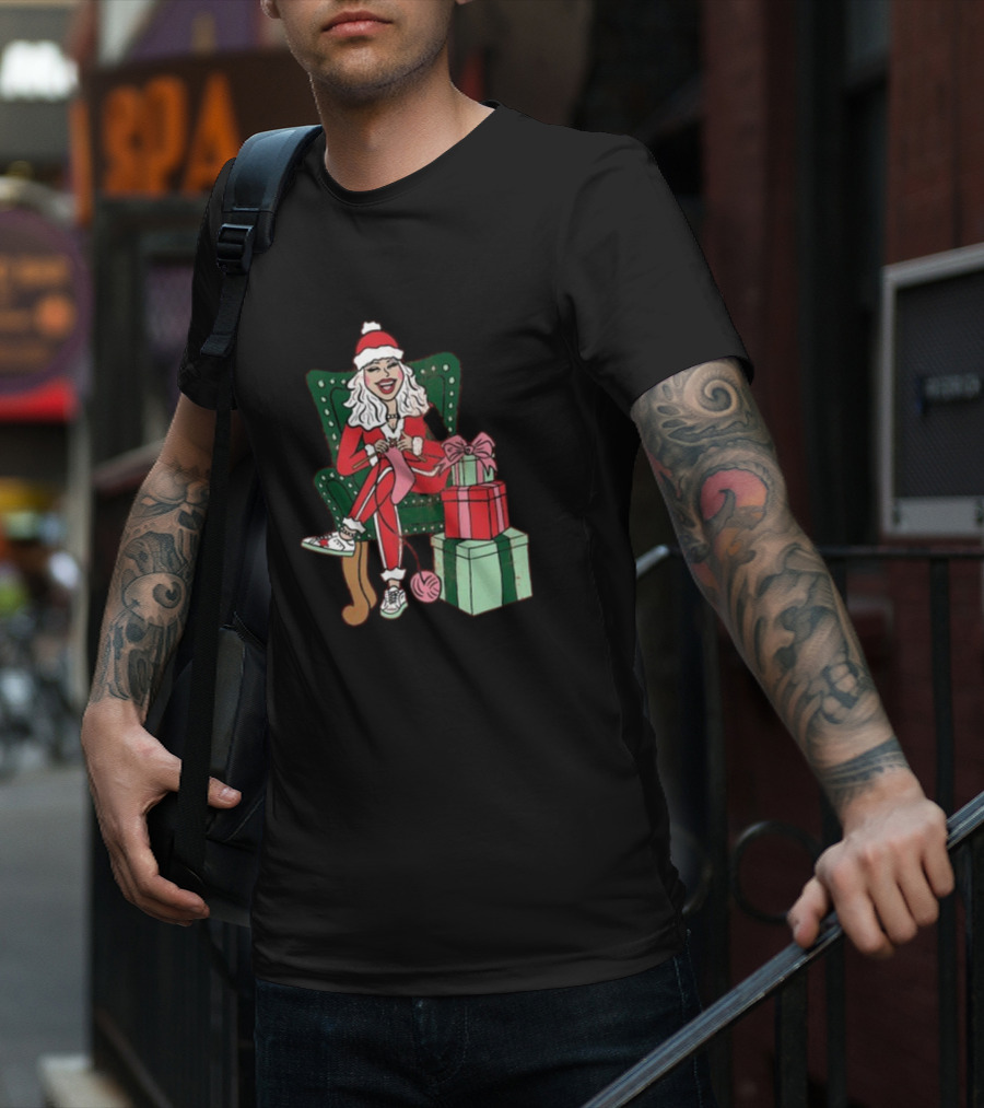 Fleece Navidad Merry Christmas Santa Woman Knitting Presents T-Shirt