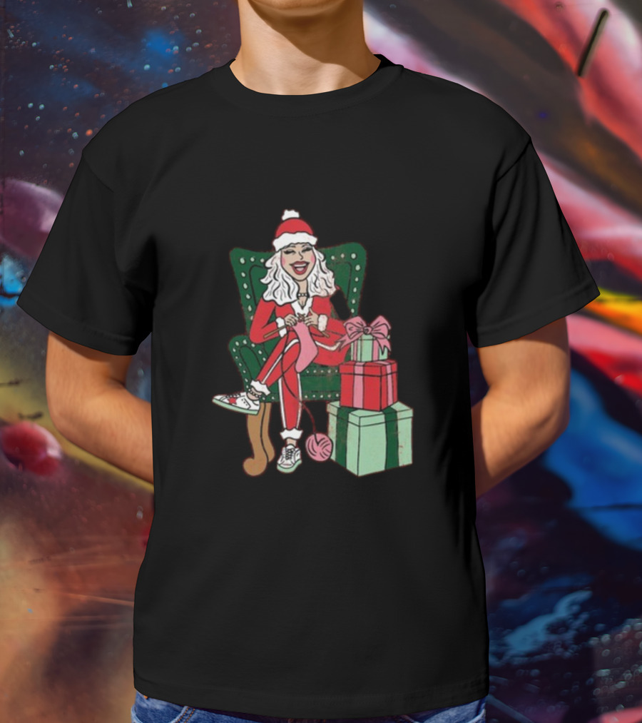 Fleece Navidad Merry Christmas Santa Woman Knitting Presents T-Shirt