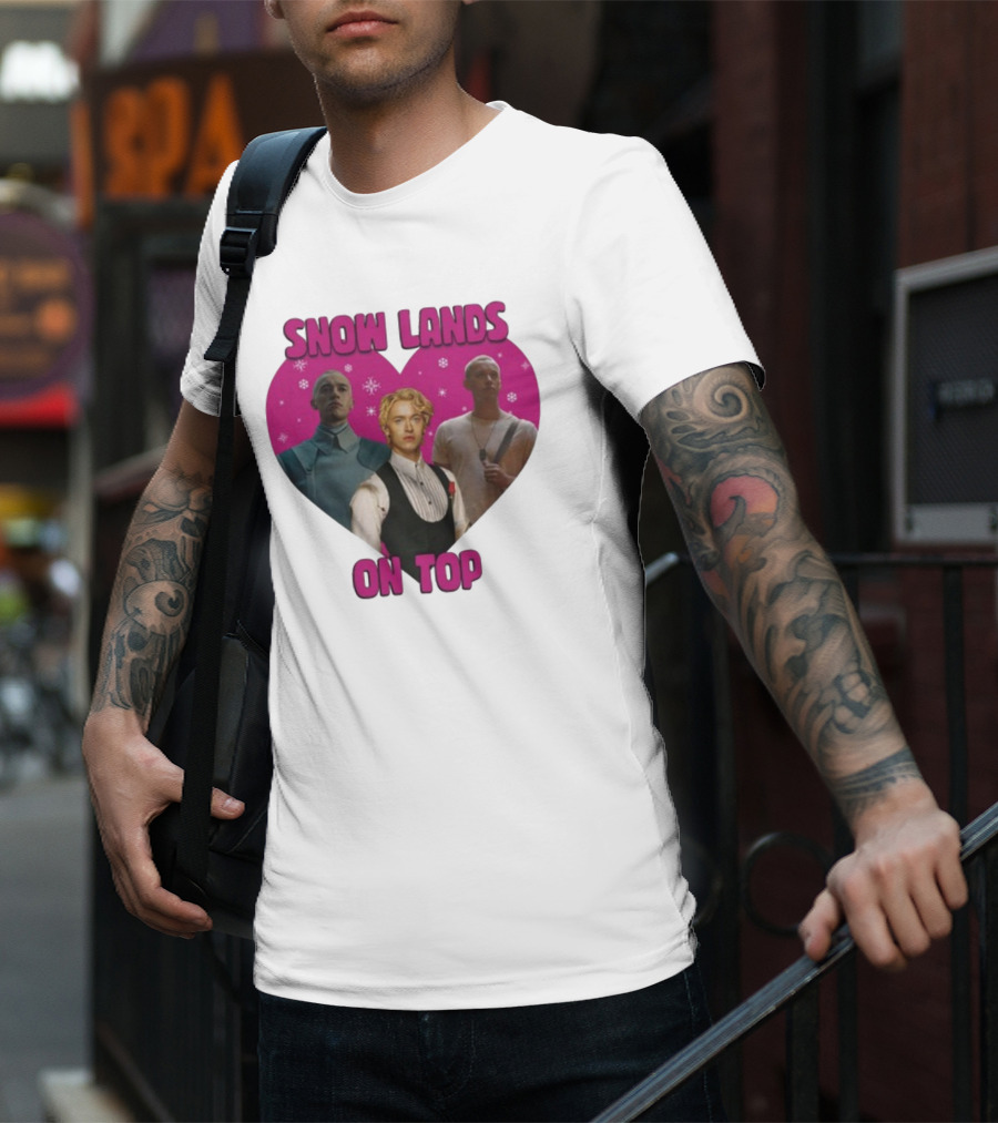 Snow Lands On Top Heart Pink Background Snowflakes T-Shirt