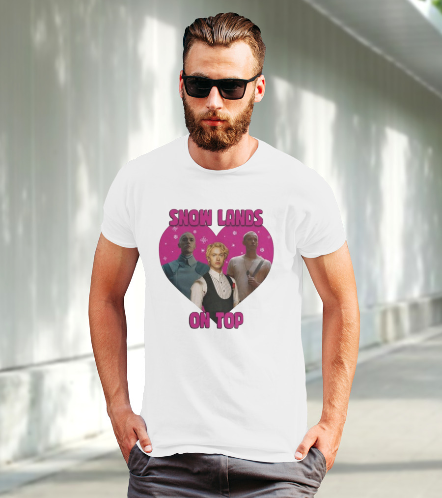 Snow Lands On Top Heart Pink Background Snowflakes T-Shirt