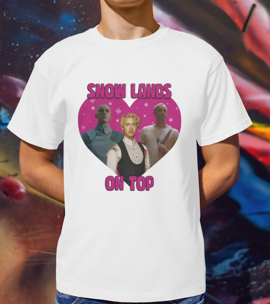 Snow Lands On Top Heart Pink Background Snowflakes T-Shirt