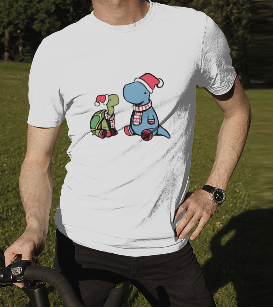 Christmas Tortoise And Dino Santa Hats And Scarves T-Shirt