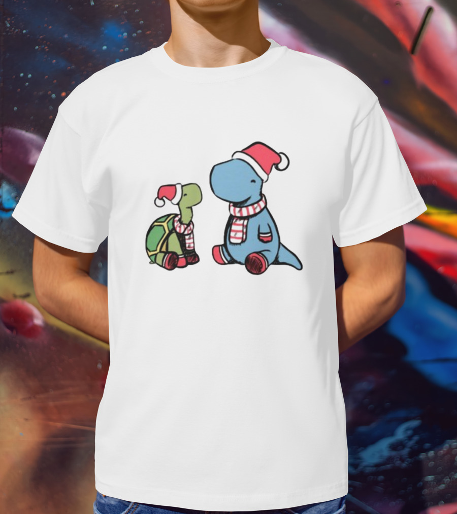 Christmas Tortoise And Dino Santa Hats And Scarves T-Shirt