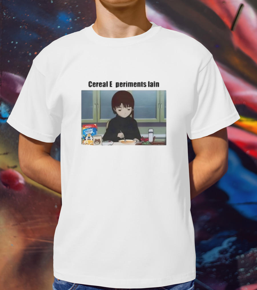 Cereal Experiments Lain Goofyahhtees Breakfast Scene With Cartoon Cereal Box T-Shirt