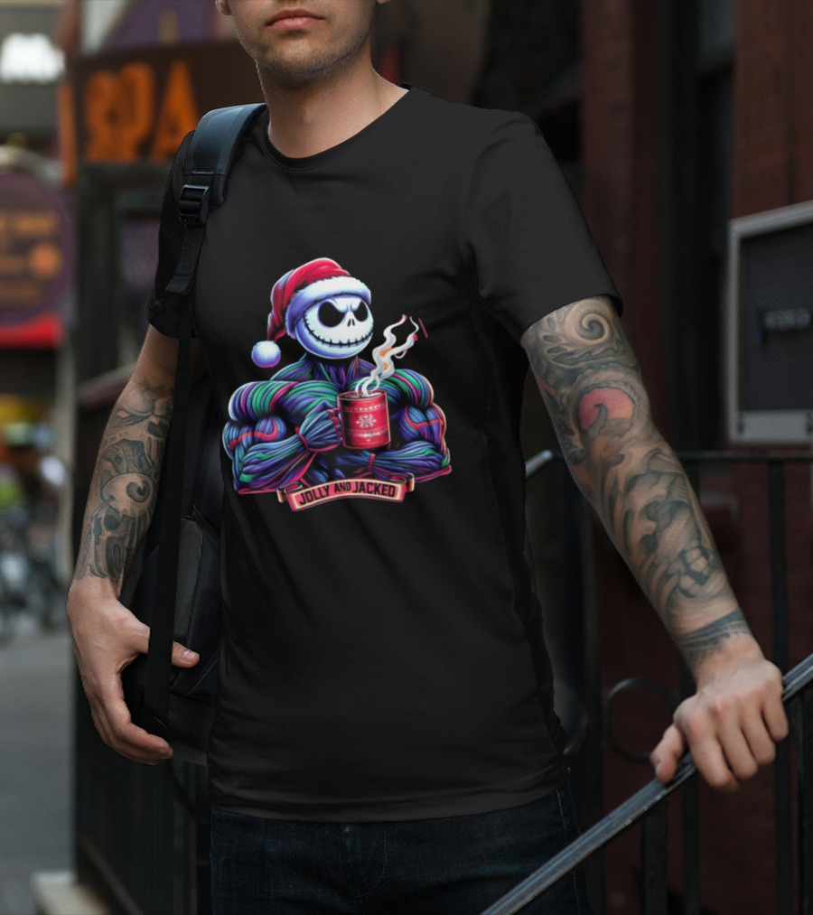 Jolly And Jacked Beyond Average Training Apparel Santa Skeleton Muscle Mug T-Shirt