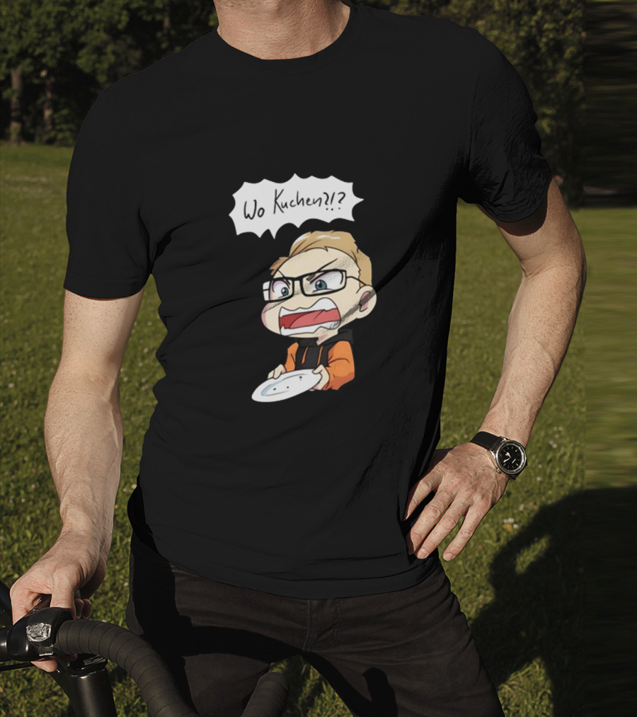 Wo Kuchen?? Comic Character Holding Empty Plate T-Shirt