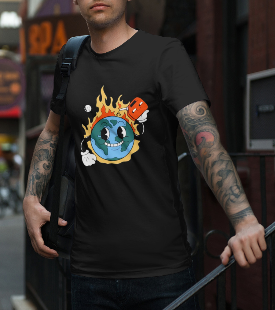 World On Fire Earth Cartoon Holding Gas Can Burning T-Shirt