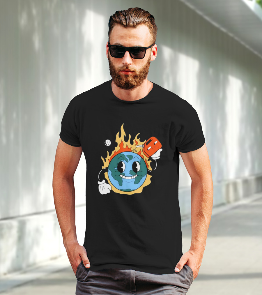 World On Fire Earth Cartoon Holding Gas Can Burning T-Shirt