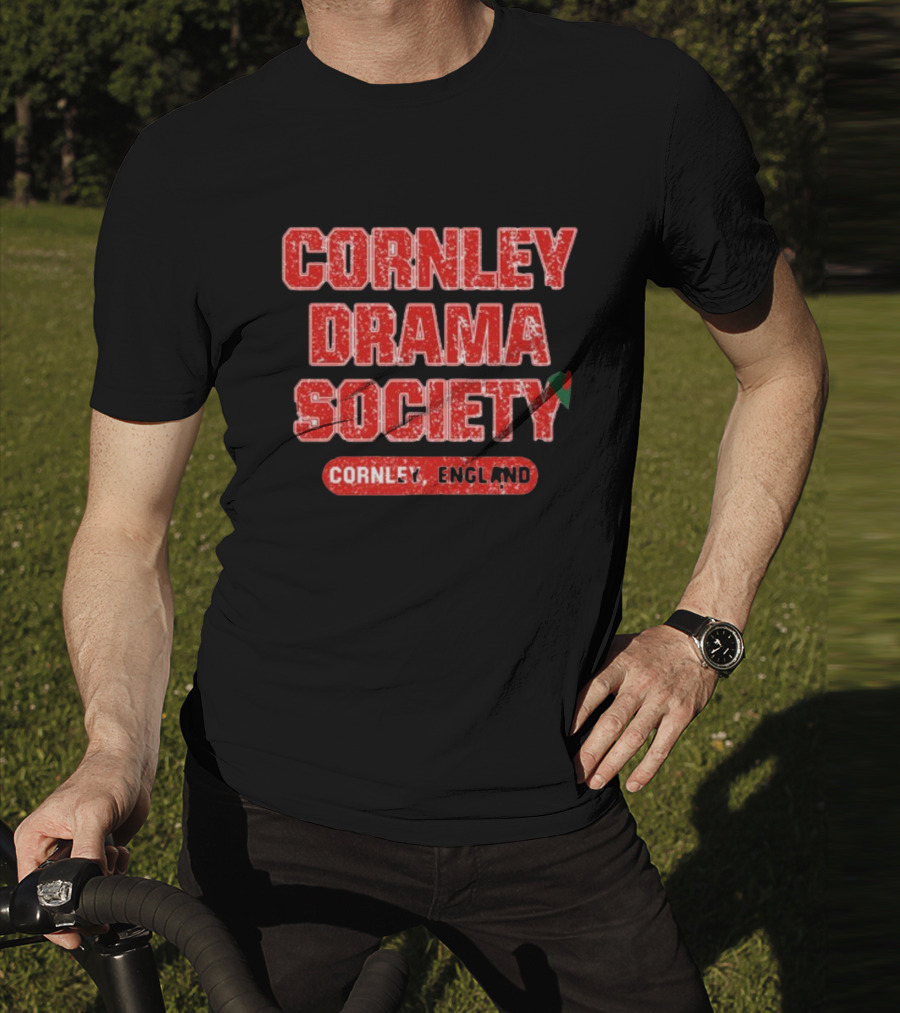 Cornley Drama Society England Red Distressed Text With Holly Leaf T-Shirt