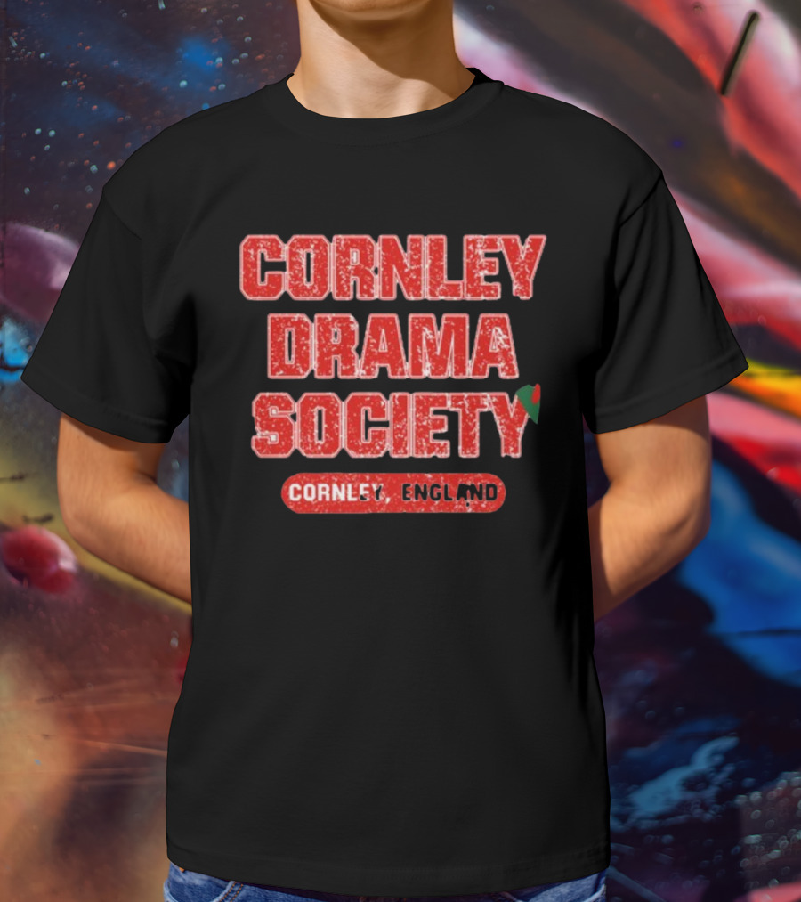 Cornley Drama Society England Red Distressed Text With Holly Leaf T-Shirt