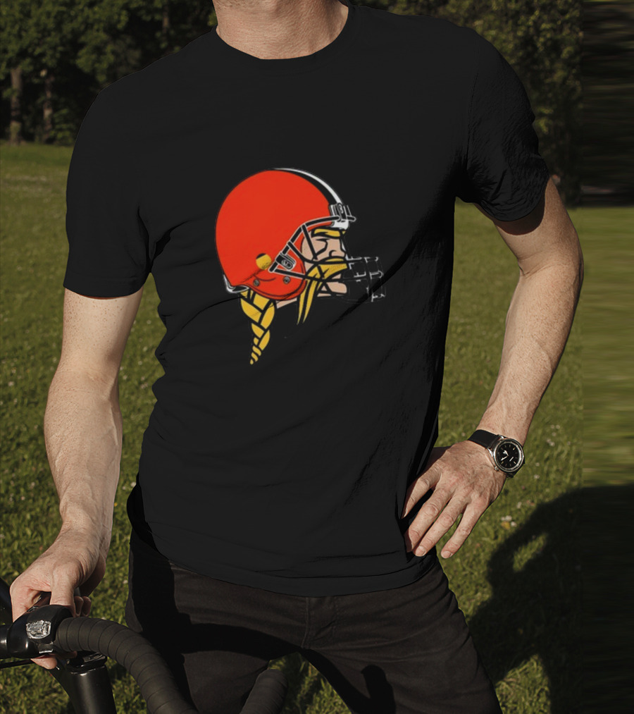 Vikings Helmet Featuring Browns Colors And Iconic Braided Warrior T-Shirt