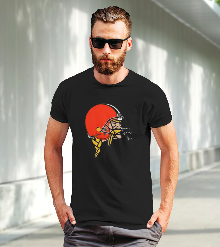 Vikings Helmet Featuring Browns Colors And Iconic Braided Warrior T-Shirt
