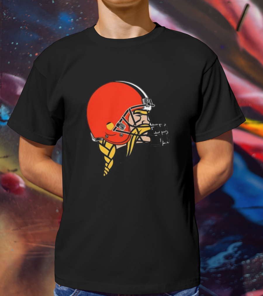 Vikings Helmet Featuring Browns Colors And Iconic Braided Warrior T-Shirt