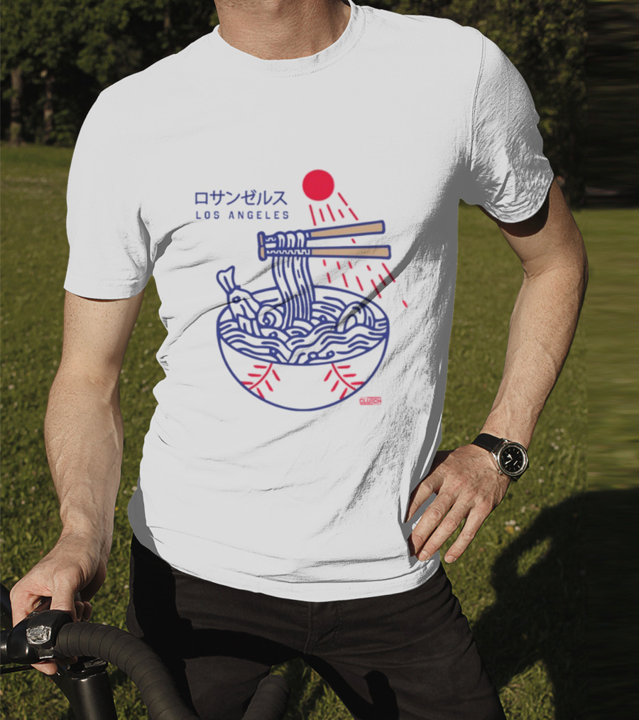 Los Angeles Ramen Bowl With Chopsticks Under Red Sun - Intheclutch Chavez T-Shirt