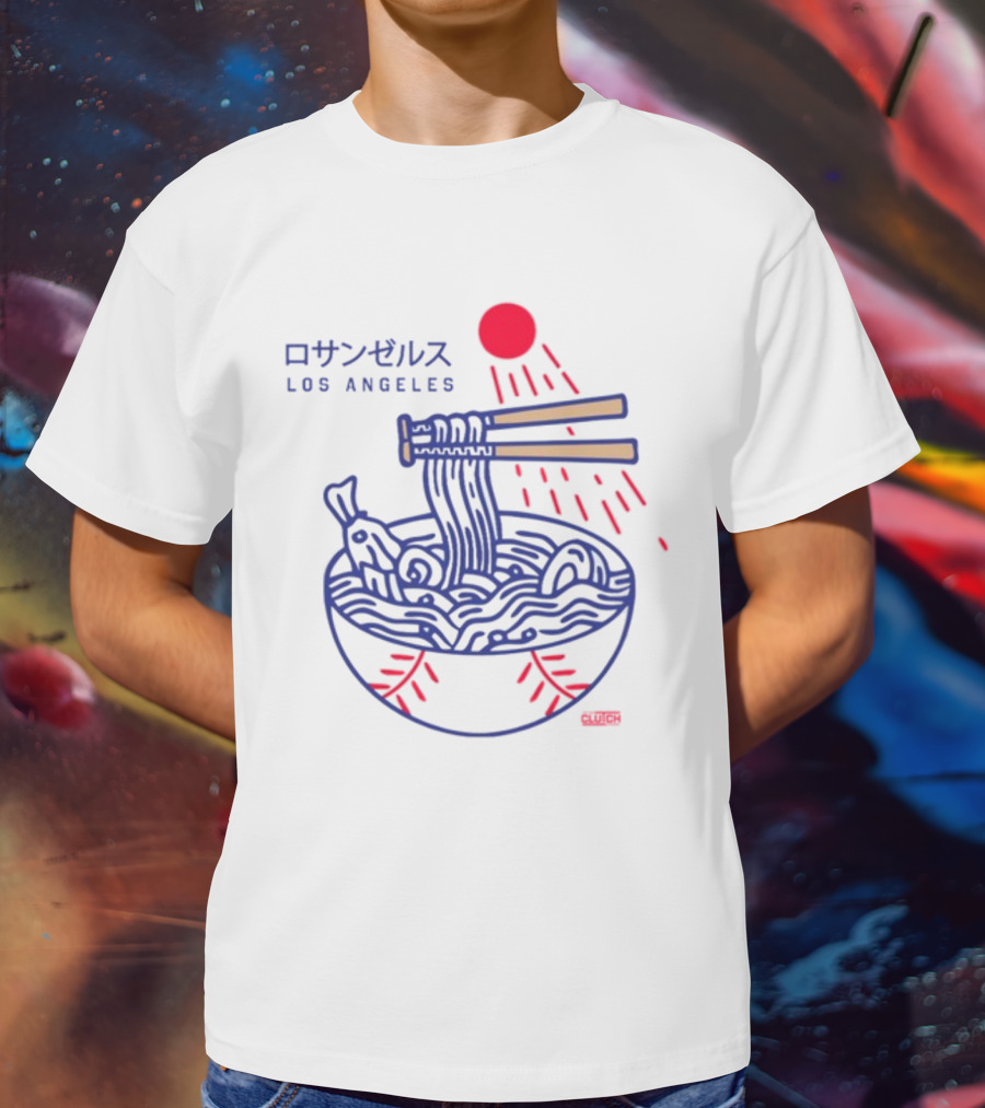 Los Angeles Ramen Bowl With Chopsticks Under Red Sun - Intheclutch Chavez T-Shirt