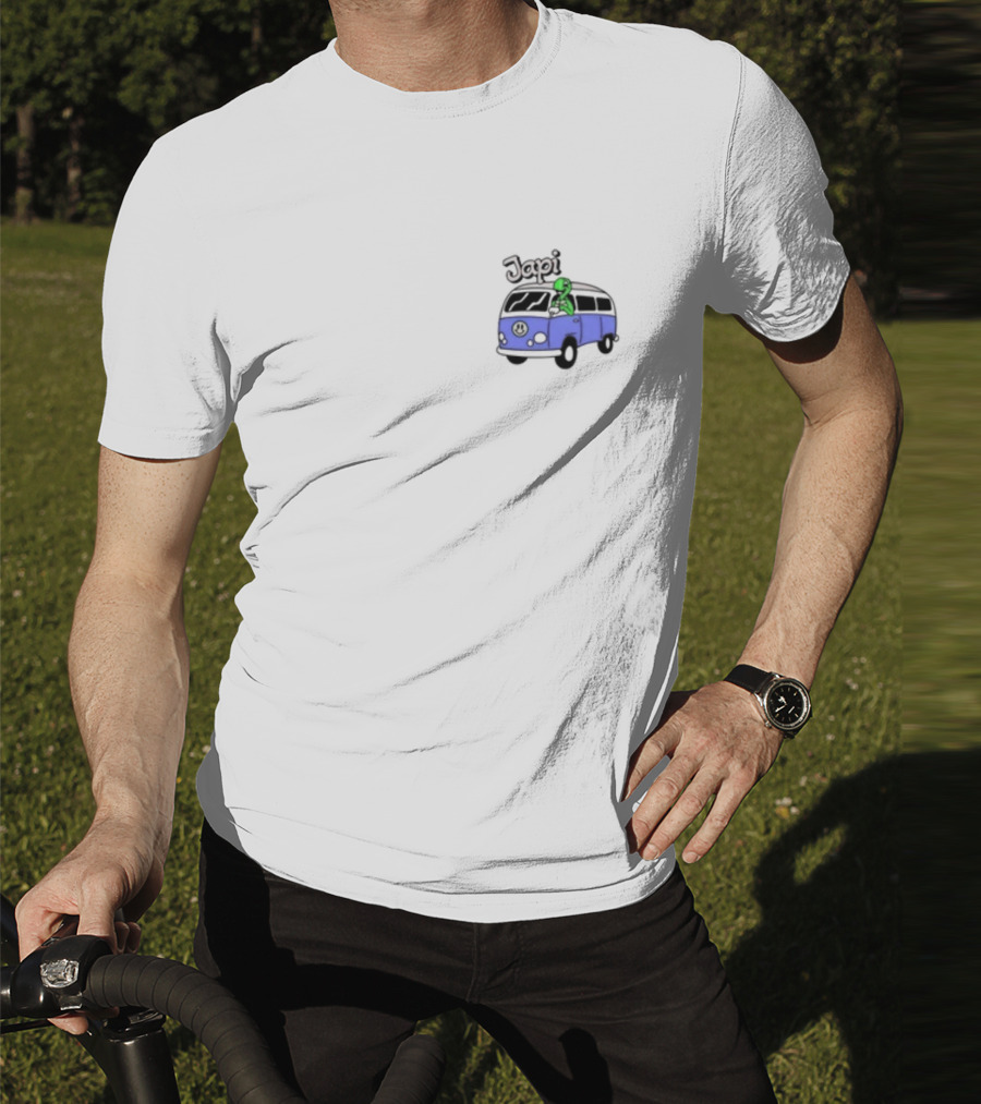 Japi Alien Character Surfer Riding Blue Peace Bus T-Shirt
