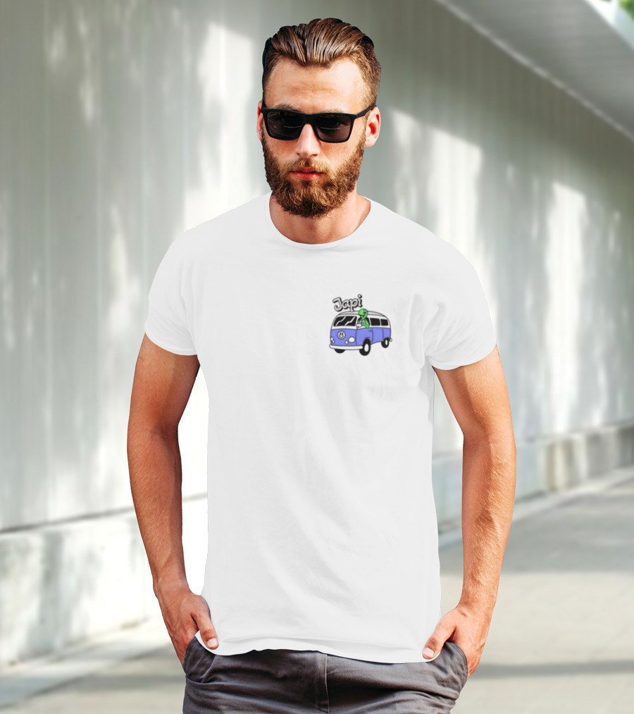 Japi Alien Character Surfer Riding Blue Peace Bus T-Shirt