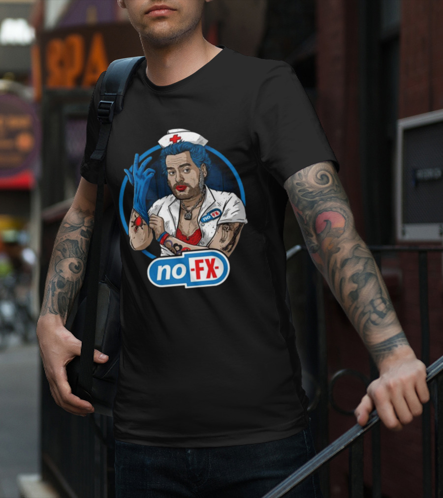 NOFX Blue Haired Nurse Mike Character In Red Lingerie With Tattoos And Blue Glove T-Shirt