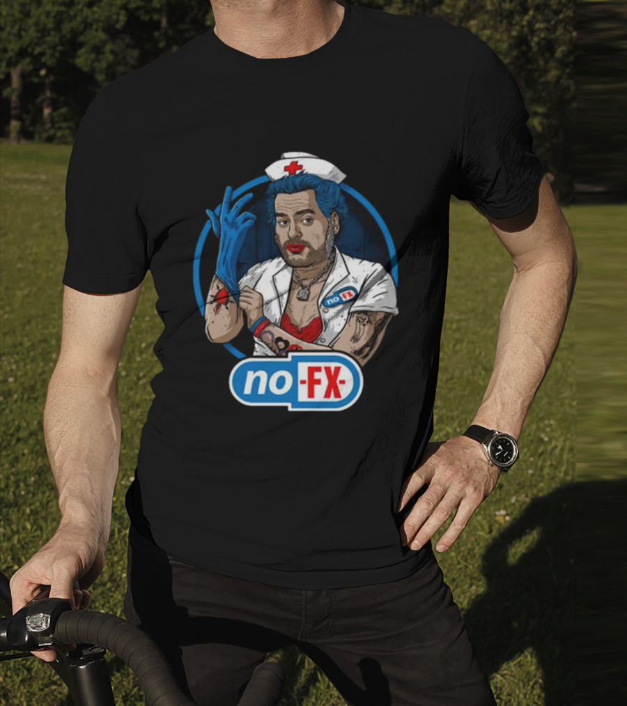 NOFX Blue Haired Nurse Mike Character In Red Lingerie With Tattoos And Blue Glove T-Shirt