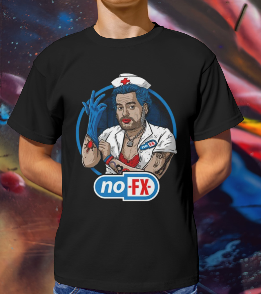 NOFX Blue Haired Nurse Mike Character In Red Lingerie With Tattoos And Blue Glove T-Shirt