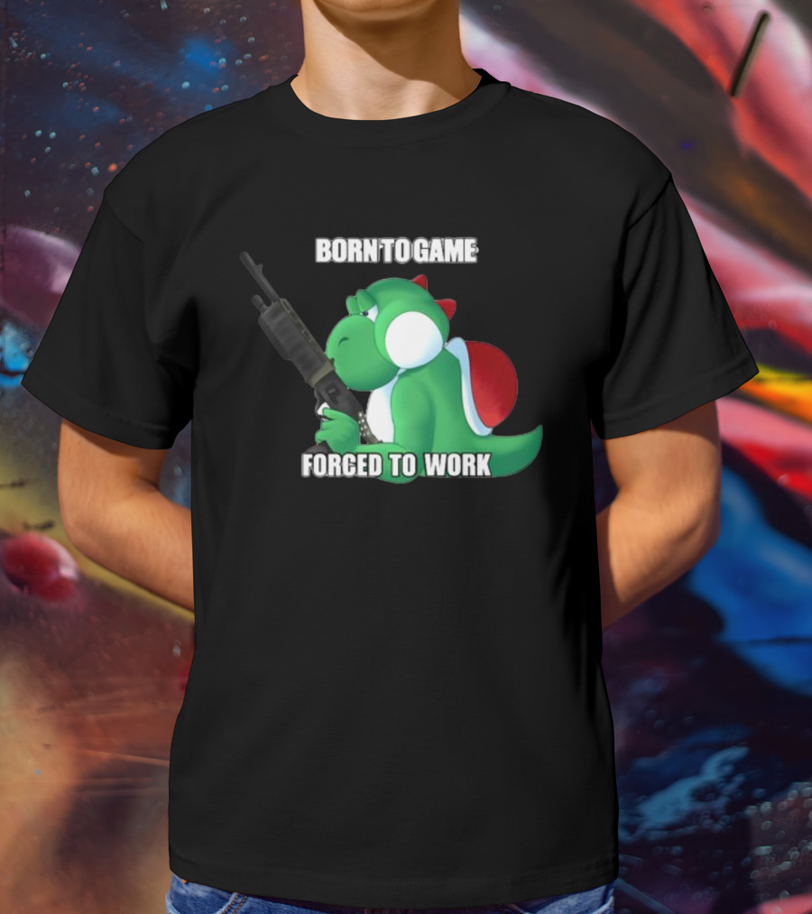 Born To Game Forced To Work Green Dinosaur Headphones Gaming Character T-Shirt