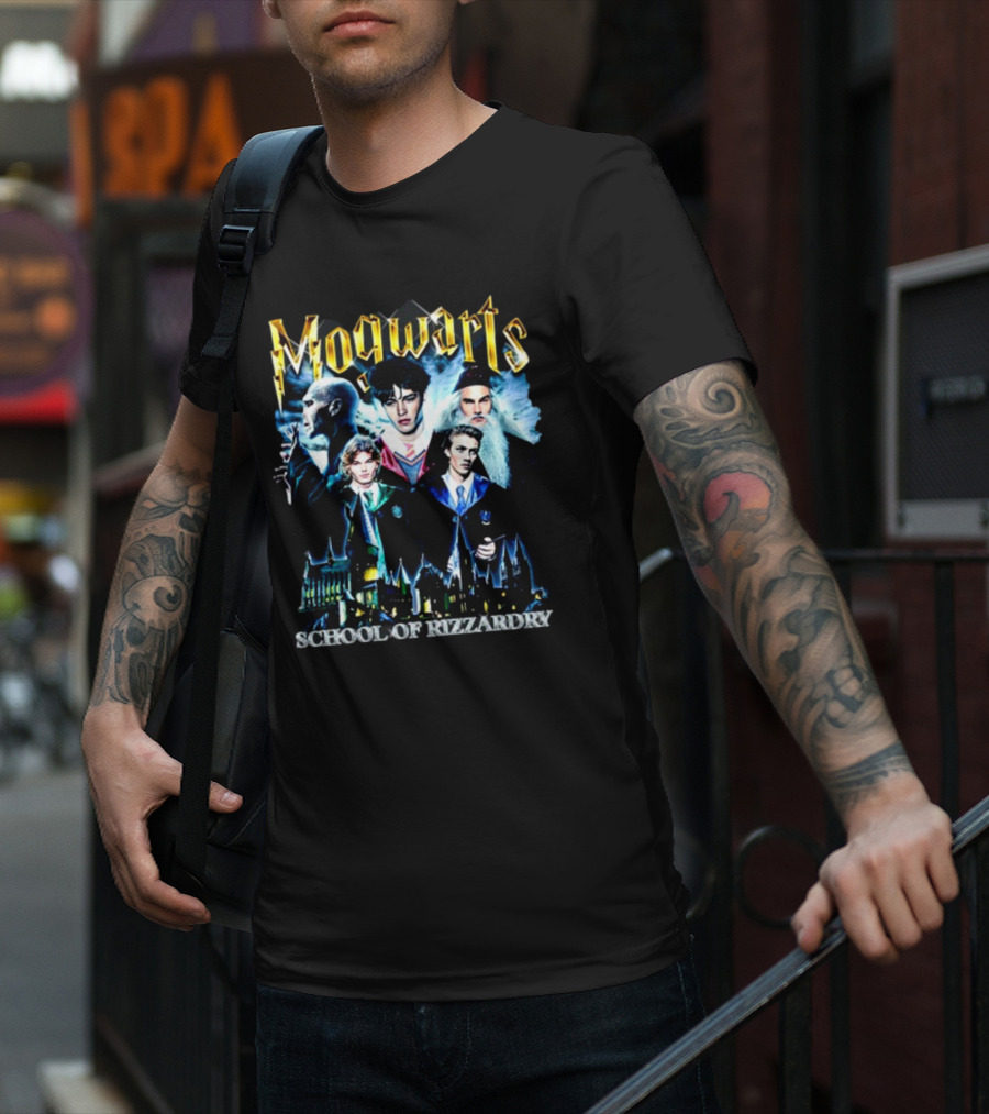 Mogwarts School Of Rizzardry Hogwarts Parody Featuring Iconic Wizard Figures And Castle T-Shirt