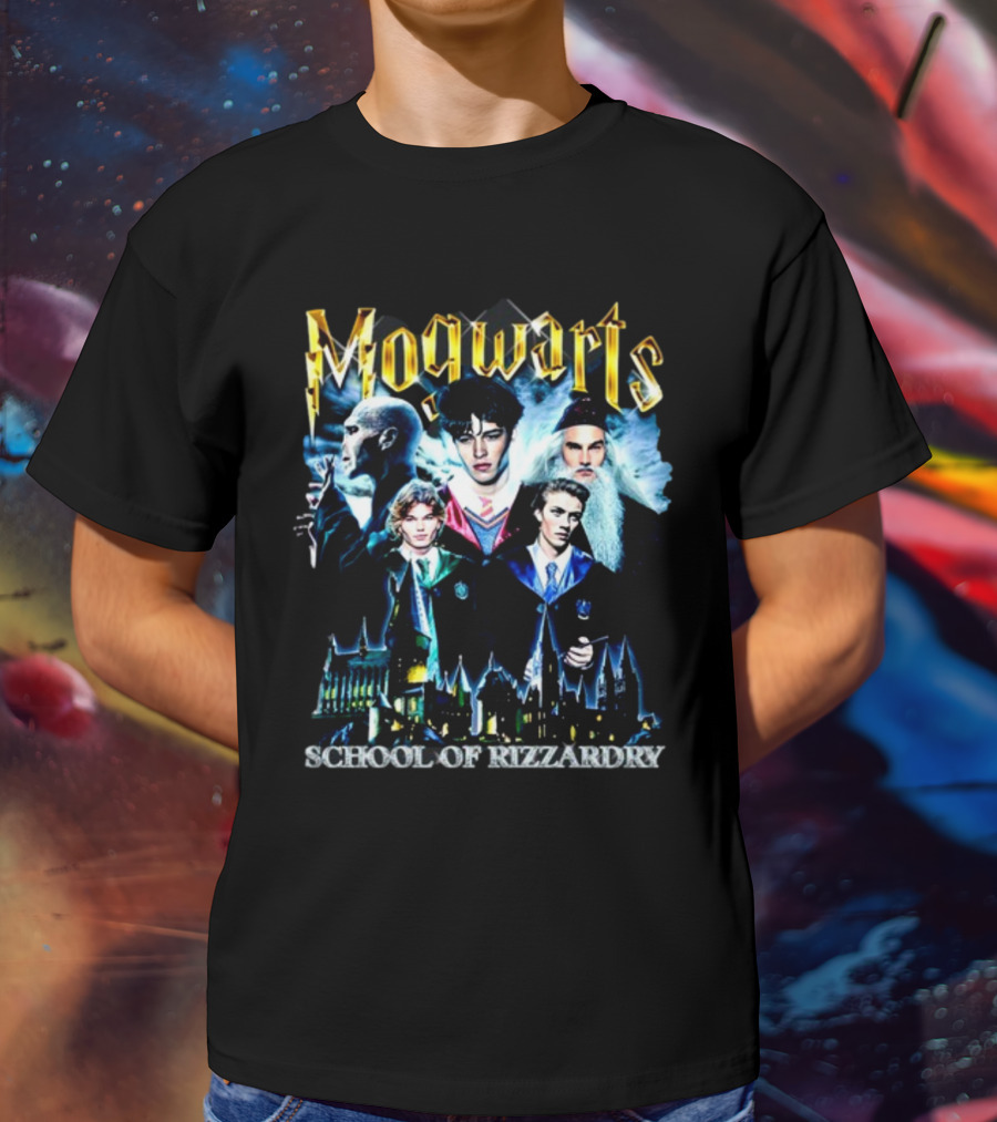 Mogwarts School Of Rizzardry Hogwarts Parody Featuring Iconic Wizard Figures And Castle T-Shirt