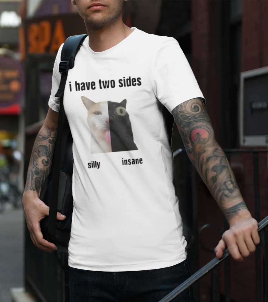 I Have Two Sides Silly Insane Cat Face Split T-Shirt