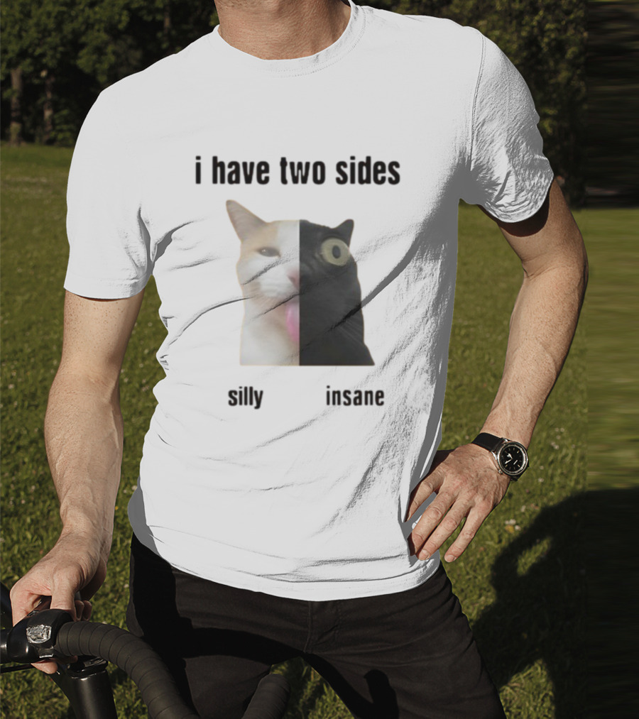I Have Two Sides Silly Insane Cat Face Split T-Shirt